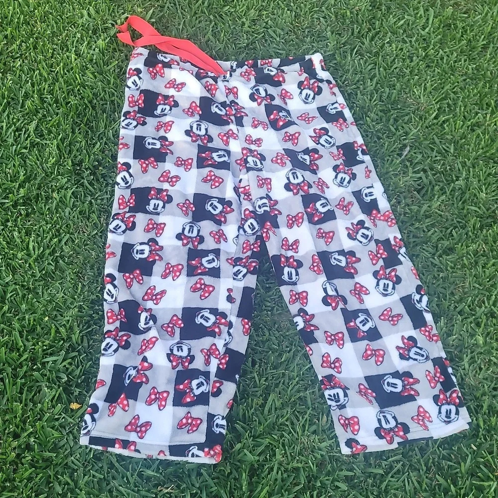 DISNEY Minnie Mouse Grey white red checkerboard fluffy pajama pants pjs plus 2x